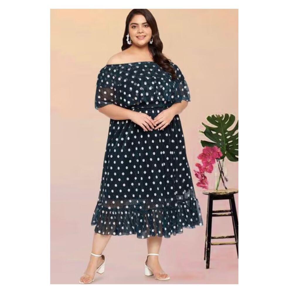 Mlle Gabrielle Navy Polka Dot Off Shoulder Maxi Dress Sz 3X Elastic Waist Ruffle
